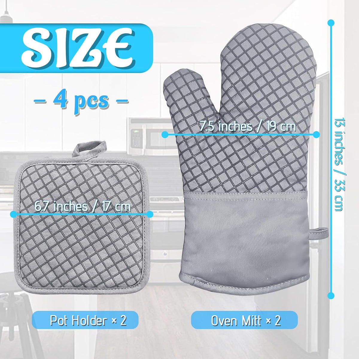 4 Pcs Oven Mitts and Pot Holders,500°F High Heat Resistant Kitchen Oven Mitts with Pot Holders,Long Oven Mitts with Recycled Cotton Infill and Silicone Non-Slip Surface for Baking and Cooking(Grey)