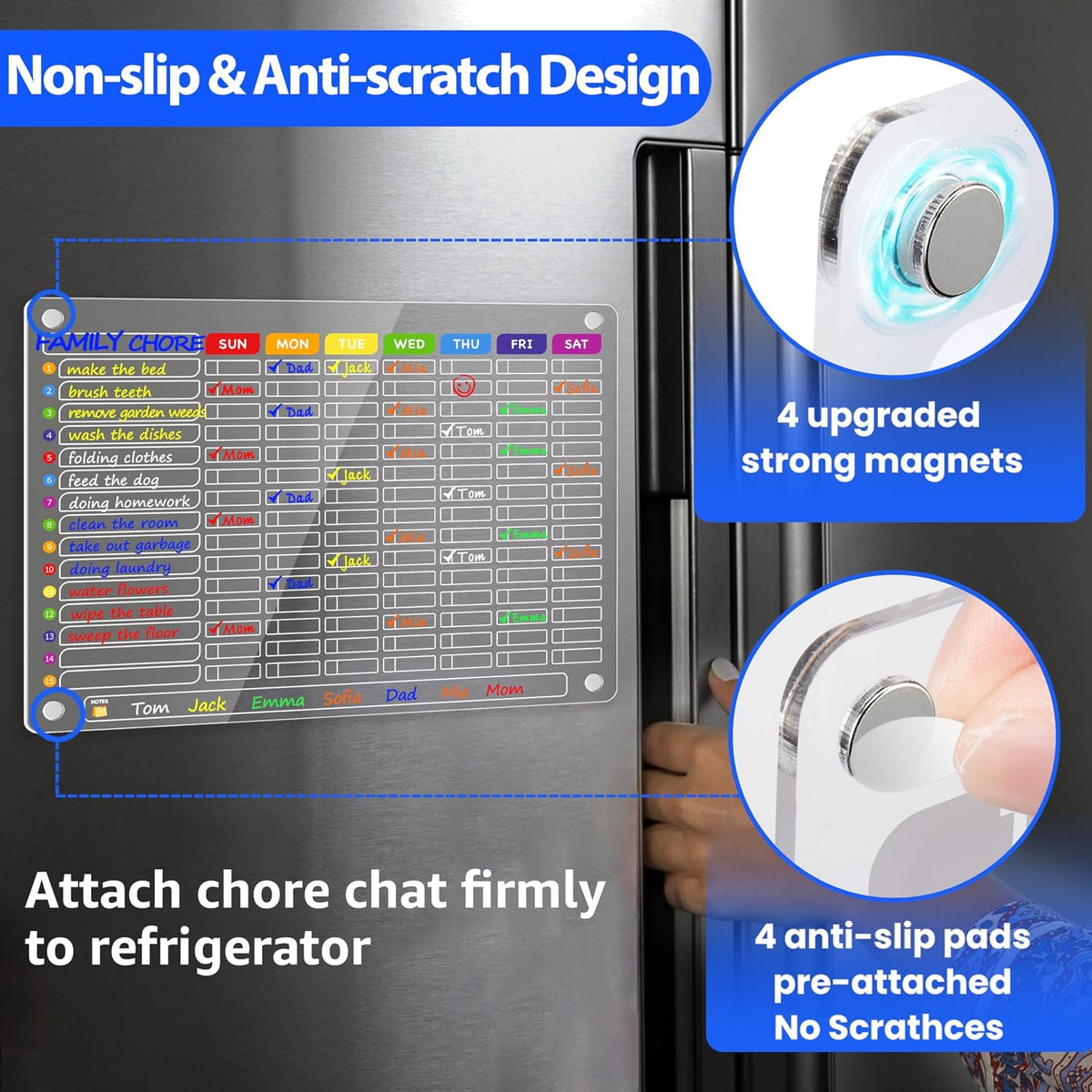 PigPotParty 2-in-1 Acrylic Magnetic Chore Chart for 2 Kids, Couples, Roommates, 15"x11" Large Dry Erase Chore Board for Fridge, Clear Weekly & Daily Reward Chart, Includes 12 Markers & Towel