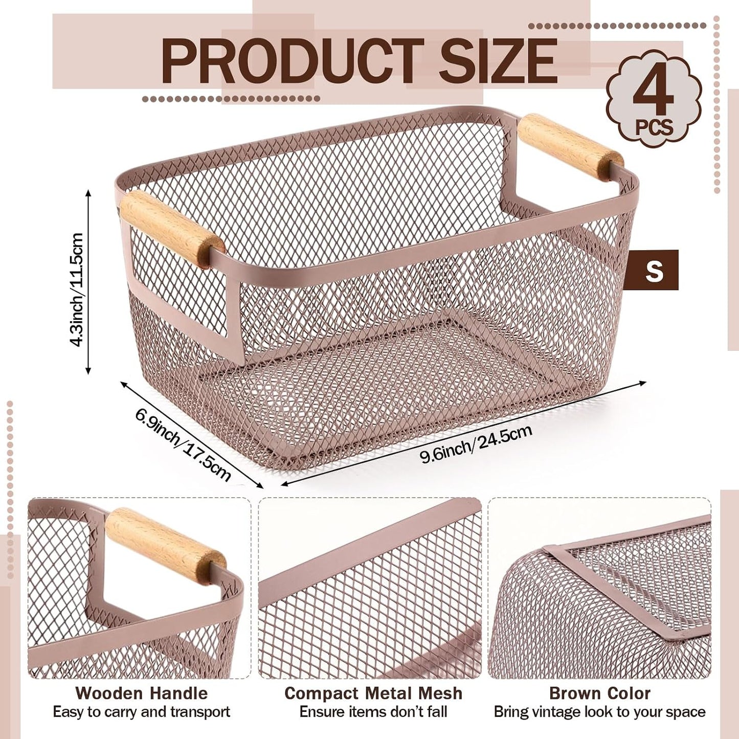 Mumufy 3 Pcs Metal Mesh Basket with Wooden Handles Wire Steel Organizer Bins Pantry Organizers Kitchen Baskets for Closet Cabinet Bathroom Fridge Food Snacks Organization (Warm Tapue,3 Sizes)