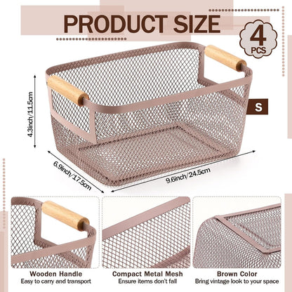 Mumufy 3 Pcs Metal Mesh Basket with Wooden Handles Wire Steel Organizer Bins Pantry Organizers Kitchen Baskets for Closet Cabinet Bathroom Fridge Food Snacks Organization (Warm Tapue,3 Sizes)