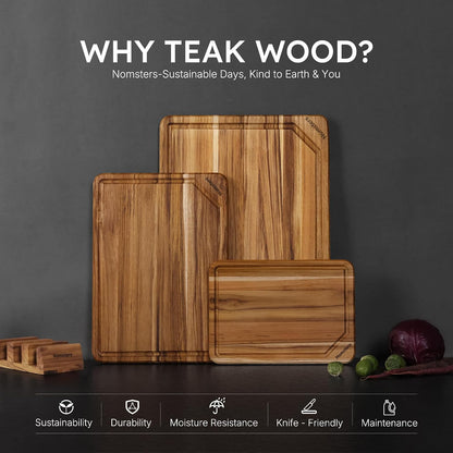 3 Pack Teak Wood Cutting Board Set for Kitchen Charcuterie Board Serving Heavy Duty Non Toxic Slip Hardwood Over Sink Solid Thick Haus Wooden Chopping Board Large Big Small Meat Best Essential Gift