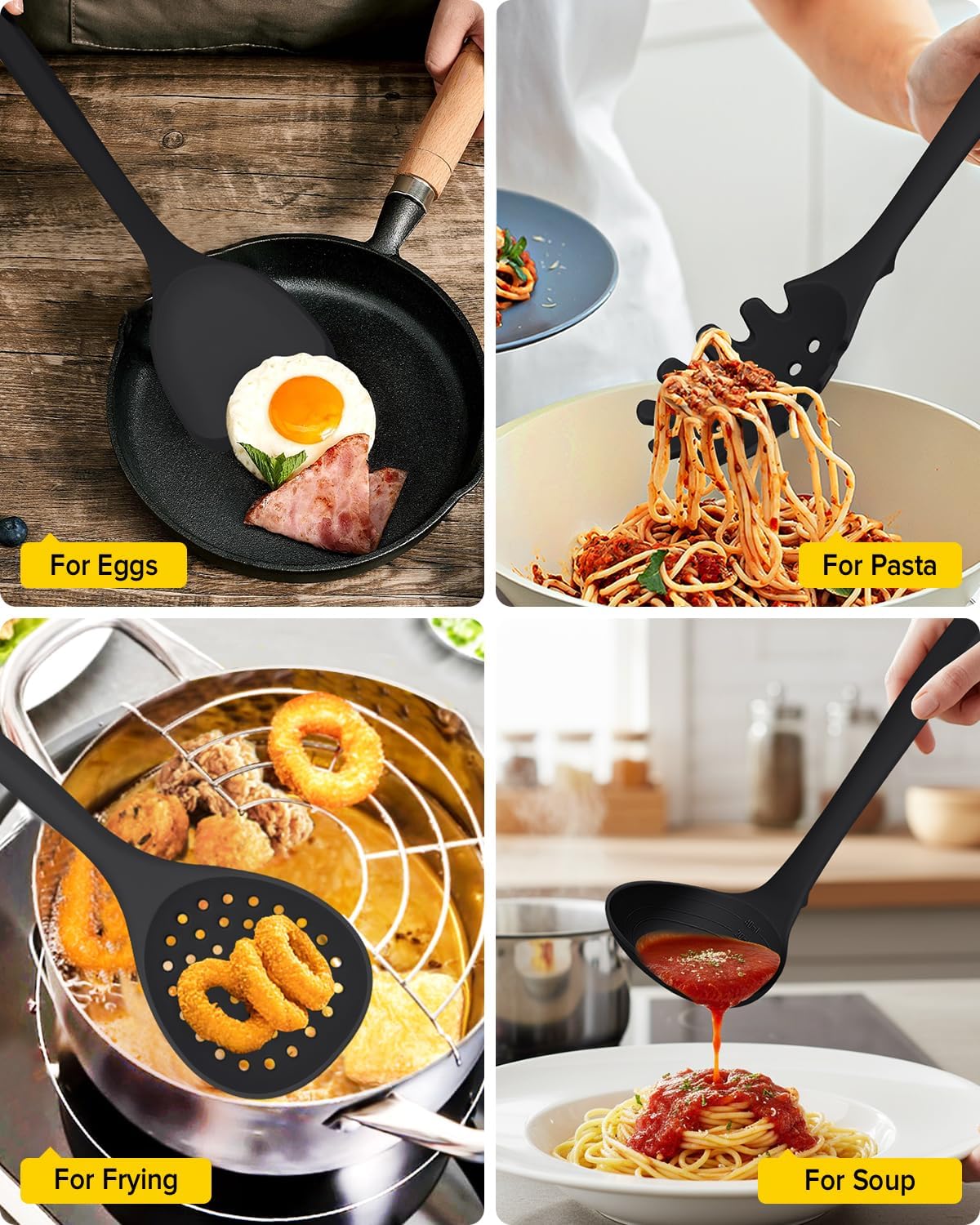 Silicone Cooking Utensils Set, 9 Pcs Heat Resistant Kitchen Utensils with Back Hooks, BPA Free Kitchen Tools with Spatulas, Spoons, Skimmer and Pasta Fork for Non Stick Cookware(KHAKI)