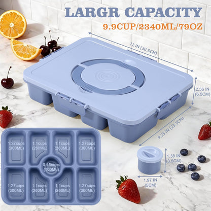 Snackle Box Container, Divided Serving Tray with Lid and Handle, 9 Compartments Snack Box Container for Adults, Portable Charcuterie Serving Platter for Candy Fruit, 9.9 Cups, White Grey