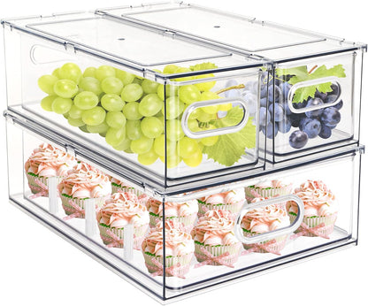 3Pack Fridge Organizer Drawer Divider Cube Pull-Out Bins Clear Food Container Refrigerator Storage box Produce Saver for Pantry Kitchen Cabinet
