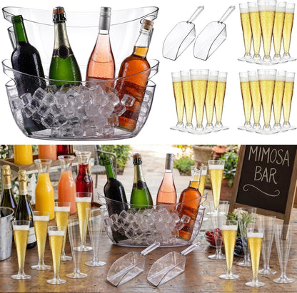 meekoo 104 Pcs Ice Buckets for Parties Set, 2 Pack 5.5l Clear Beverage Tub, 100 Pack 4.5oz Plastic Champagne Flutes, 2 Ice Scoops, Mimosa Bar Drink Supplies for Beer Wine Champagne Juice(Clear)