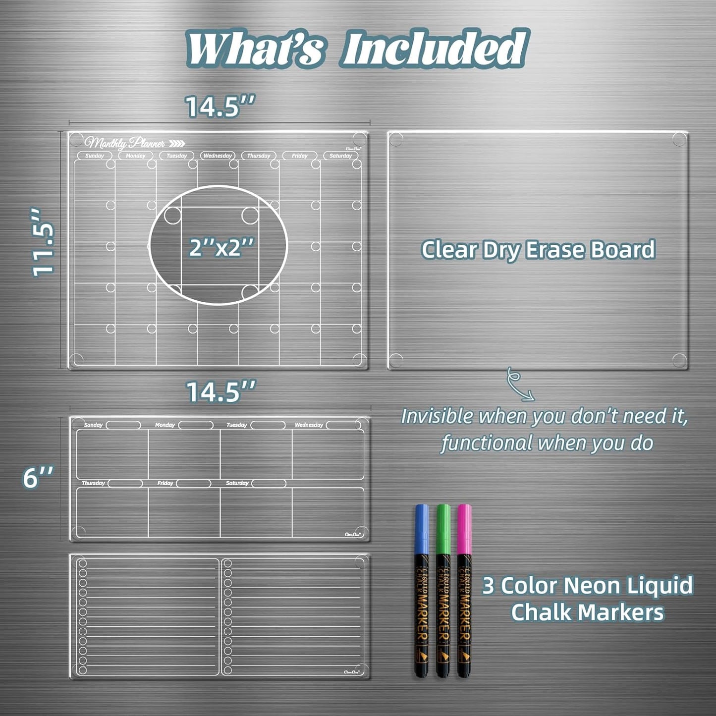 Clear Non-Magnetic Meal Planner Set for Fridge - Dry Erase Transparent Menu and List Board - Sticks to Wall, Glass, Door, Any Smooth Surfaces