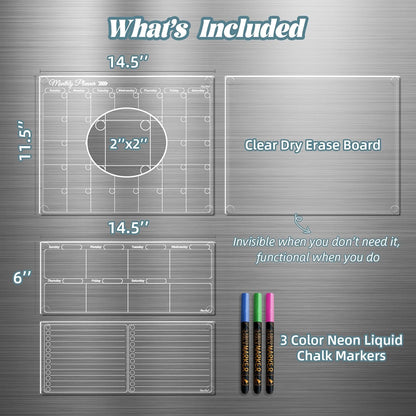 Clear Non-Magnetic Meal Planner Set for Fridge - Dry Erase Transparent Menu and List Board - Sticks to Wall, Glass, Door, Any Smooth Surfaces