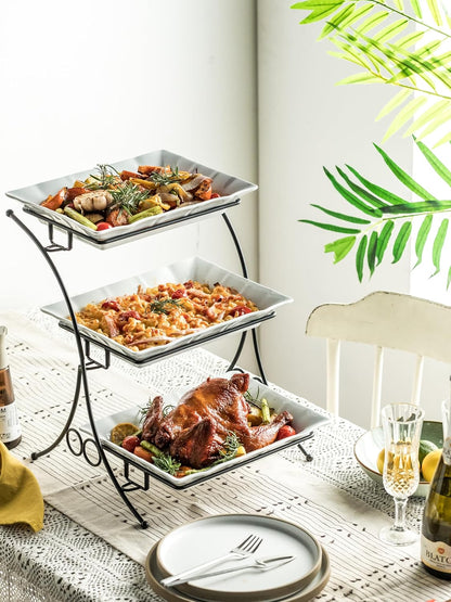 YHOSSEUN Large Tiered Tray Stand, 3 Tier Serving Tray Porcelain Baking Set with Serving Stand 3 Tier Buffet Server for Fruit, Dessert, Food Display Stand for Party, Thanksgiving