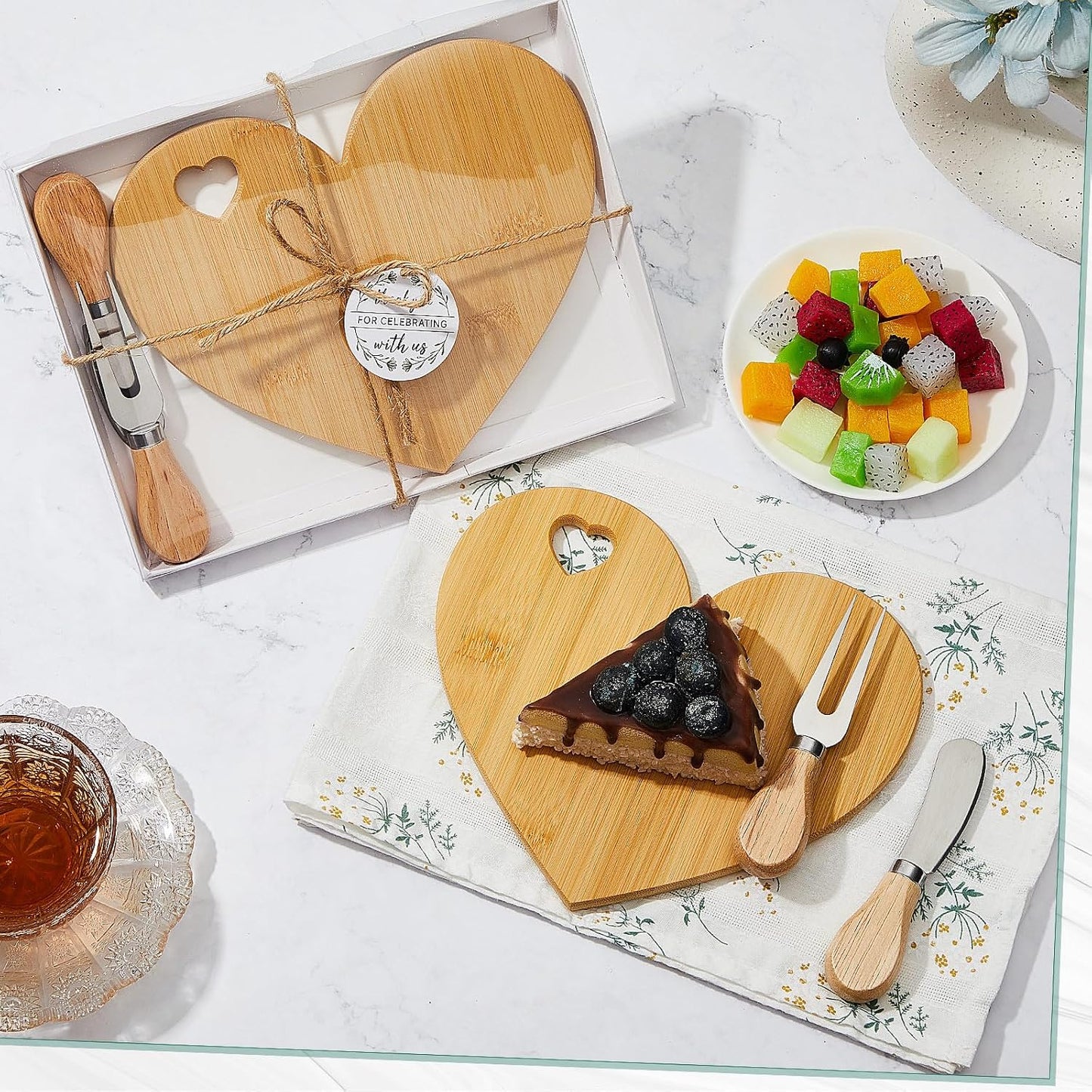 Patelai 24 Set Bridal Baby Shower Favor Heart Cheese Board with Knife, Wood Mini Charcuterie Board Thank You Gift Box for Guest Bridal Baby Shower Prize Wedding Valentines Birthday (Bamboo Color)