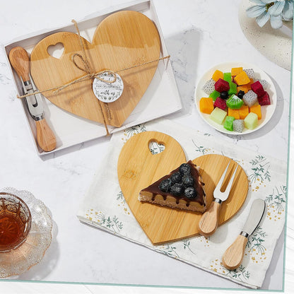 Patelai 24 Set Bridal Baby Shower Favor Heart Cheese Board with Knife, Wood Mini Charcuterie Board Thank You Gift Box for Guest Bridal Baby Shower Prize Wedding Valentines Birthday (Bamboo Color)