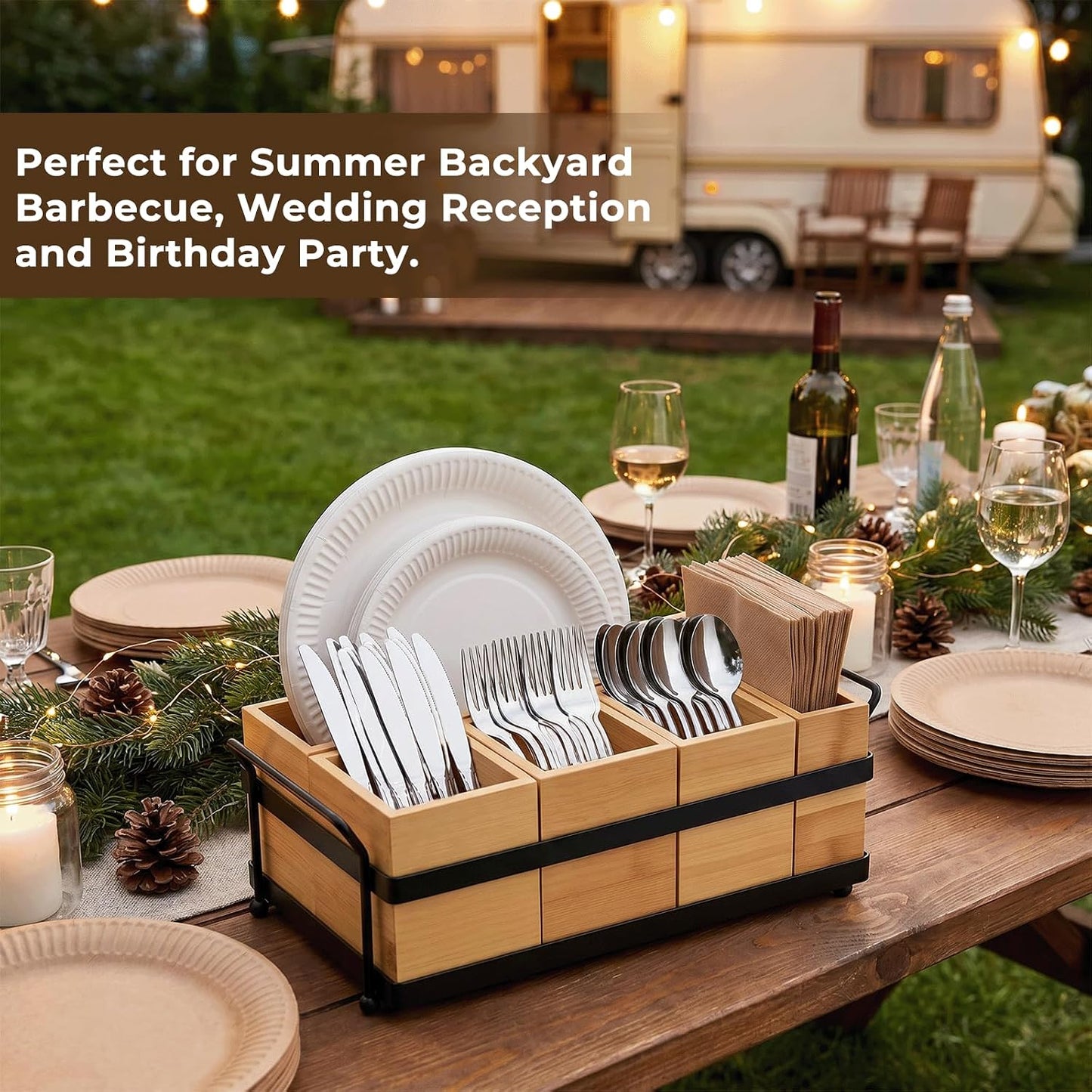 5-in-1 Bamboo Utensil Caddy and Paper Plate Organizer - Wooden Silverware Caddy with Napkin Holder and Portable Handle - Flatware Organizer for Kitchen Countertop, Camper RV, Buffet Party
