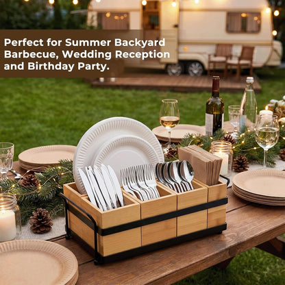 5-in-1 Bamboo Utensil Caddy and Paper Plate Organizer - Wooden Silverware Caddy with Napkin Holder and Portable Handle - Flatware Organizer for Kitchen Countertop, Camper RV, Buffet Party