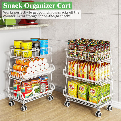 3 Tire Rolling Pantry Organizers and Storage Cart on Wheels | Metal Frame, Under Pantry Cabinet, Drip Tray, Storage for Snack, Potato, Onion, Produce, Can, Drink, Fruit and Vegetable