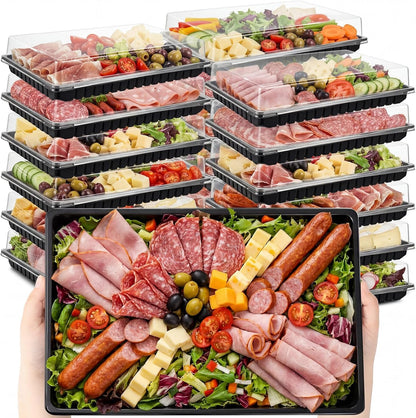 Shellwei 5 Pack Extra Large Charcuterie Board with Lids, 18 x 12 Inch Plastic Catering Trays for Cookies, Desserts, Candy, Reusable Serving Platters for Travel Party
