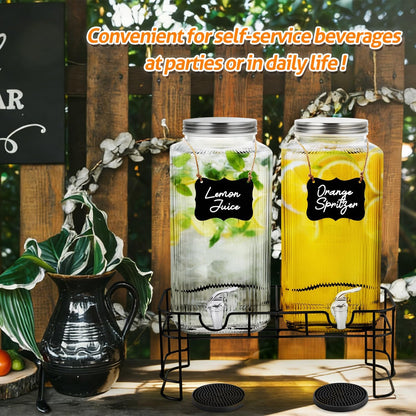 2 Pack 2 Gallon Glass Drink Dispenser Glass Beverage Dispenser with Stand Spigot Drink Coasters and Filter Leakproof Water Jar Clear Iced Drink Jug for Parties Juice Lemonade Picnics Fridge