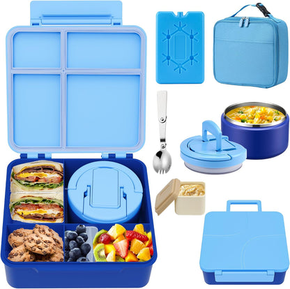 MAXSO Bento Lunch Box Set with 8 oz Soup Thermo, Kids Leakproof 4 Compartments Hot Food Container with Sauce Cup, Ice Pack and Lunch Bag, Child Insulated Food Jar for School - Black