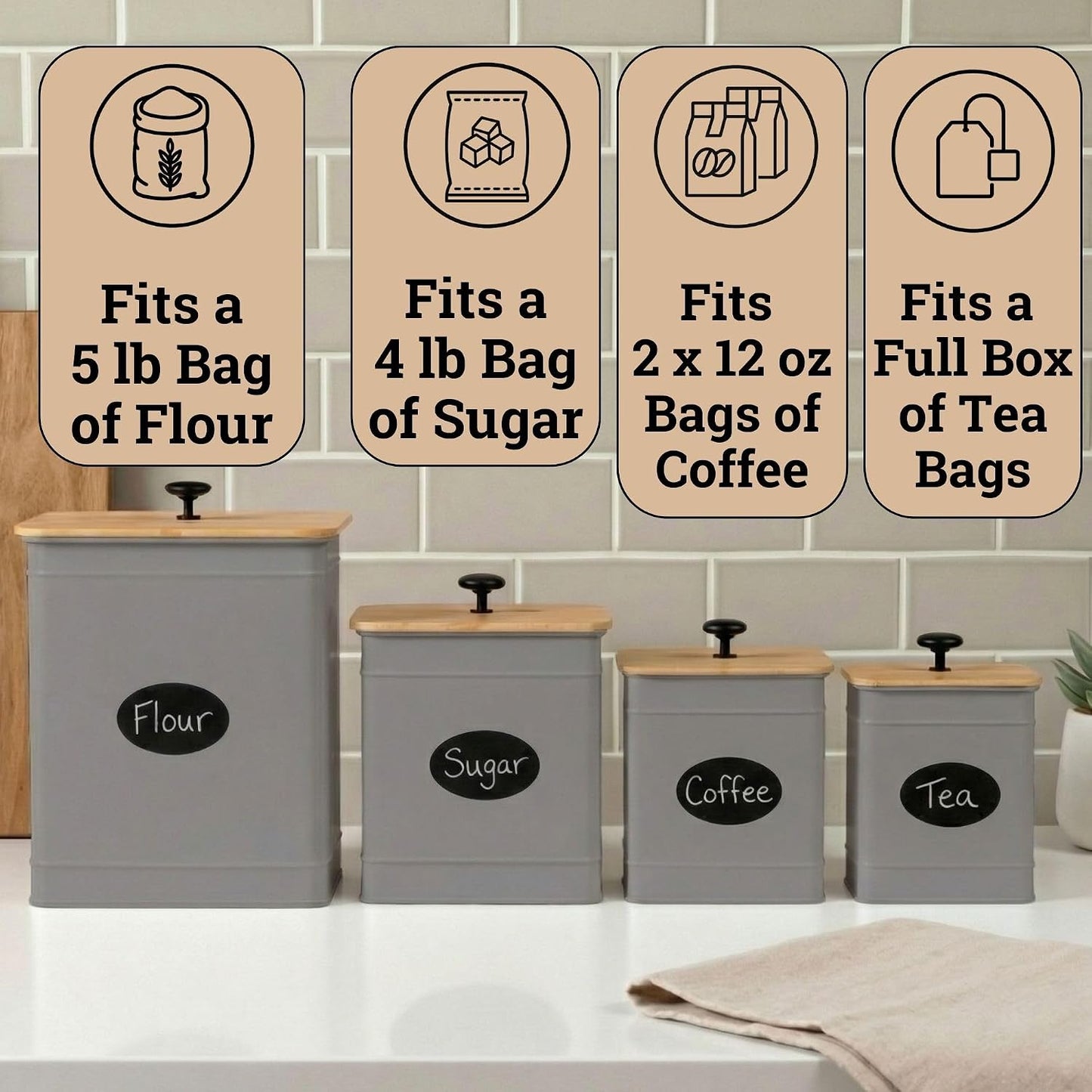 Kitchen Canisters for Countertop Set of 4 w/ Chalkboard Labels & Marker Pen | Airtight Easy Open Bamboo Lids, Dent-Resistant Thick Metal, Customizable Chalkboard Labels, Marker Pen Included, Set of 4