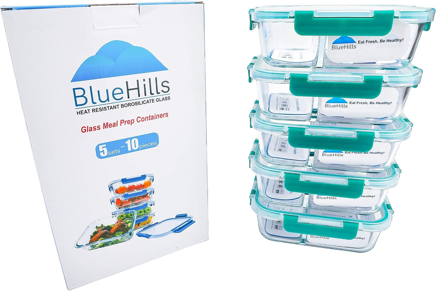 BlueHills Premium Glass Meal Prep Lunch Containers with Snap Green Lock Lids Glass Food Containers BPA-Free Oven Freezer Dishwasher Safe 5 pack set 10 pieces 36 Oz 4.5 cups (G002 Two Compartments)