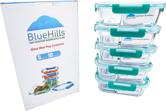 BlueHills Premium Glass Meal Prep Lunch Containers with Snap Green Lock Lids Glass Food Containers BPA-Free Oven Freezer Dishwasher Safe 5 pack set 10 pieces 36 Oz 4.5 cups (G002 Two Compartments)