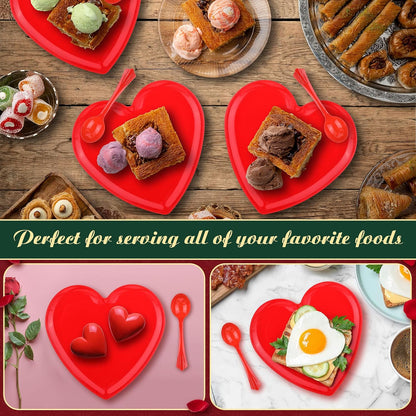 Layhit 38 Pieces Valentines Heart Shaped Plates Spoon Set Include 18 Pcs 10 Inch Valentines Day Heart Shaped Food Tray 20 Pcs Plastic Spoon Salad Dessert Plate for Party Supplies(Red)