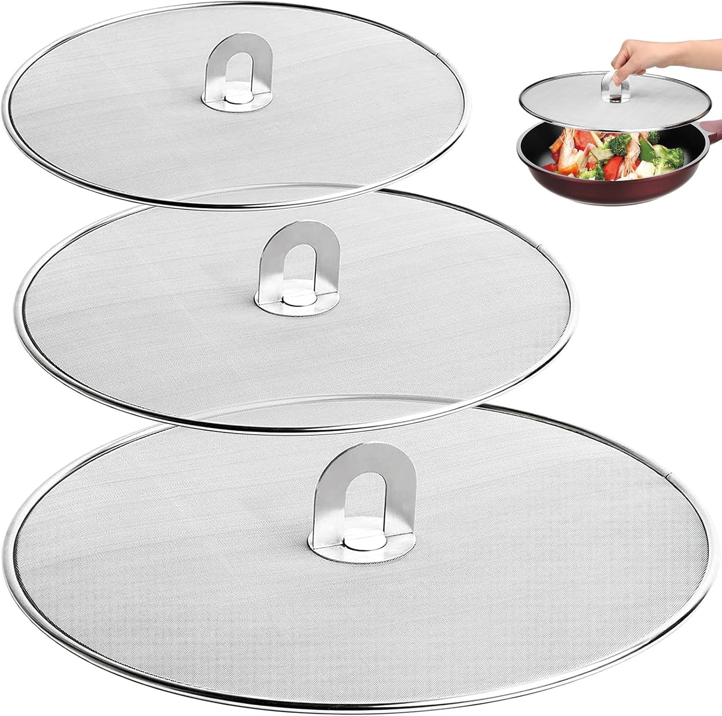 Splatter Screen for Frying Pan 13" 11.5" 9.8" Stainless Steel Fine Mesh Grease Splatter Guard with Comfort Silicone Handles and Resting Feet for Prevent Oil Splatter Safe Cooking