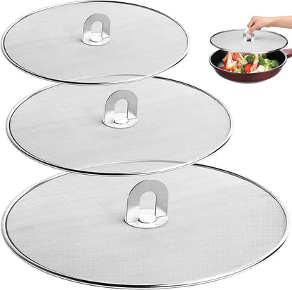 Splatter Screen for Frying Pan 13" 11.5" 9.8" Stainless Steel Fine Mesh Grease Splatter Guard with Comfort Silicone Handles and Resting Feet for Prevent Oil Splatter Safe Cooking