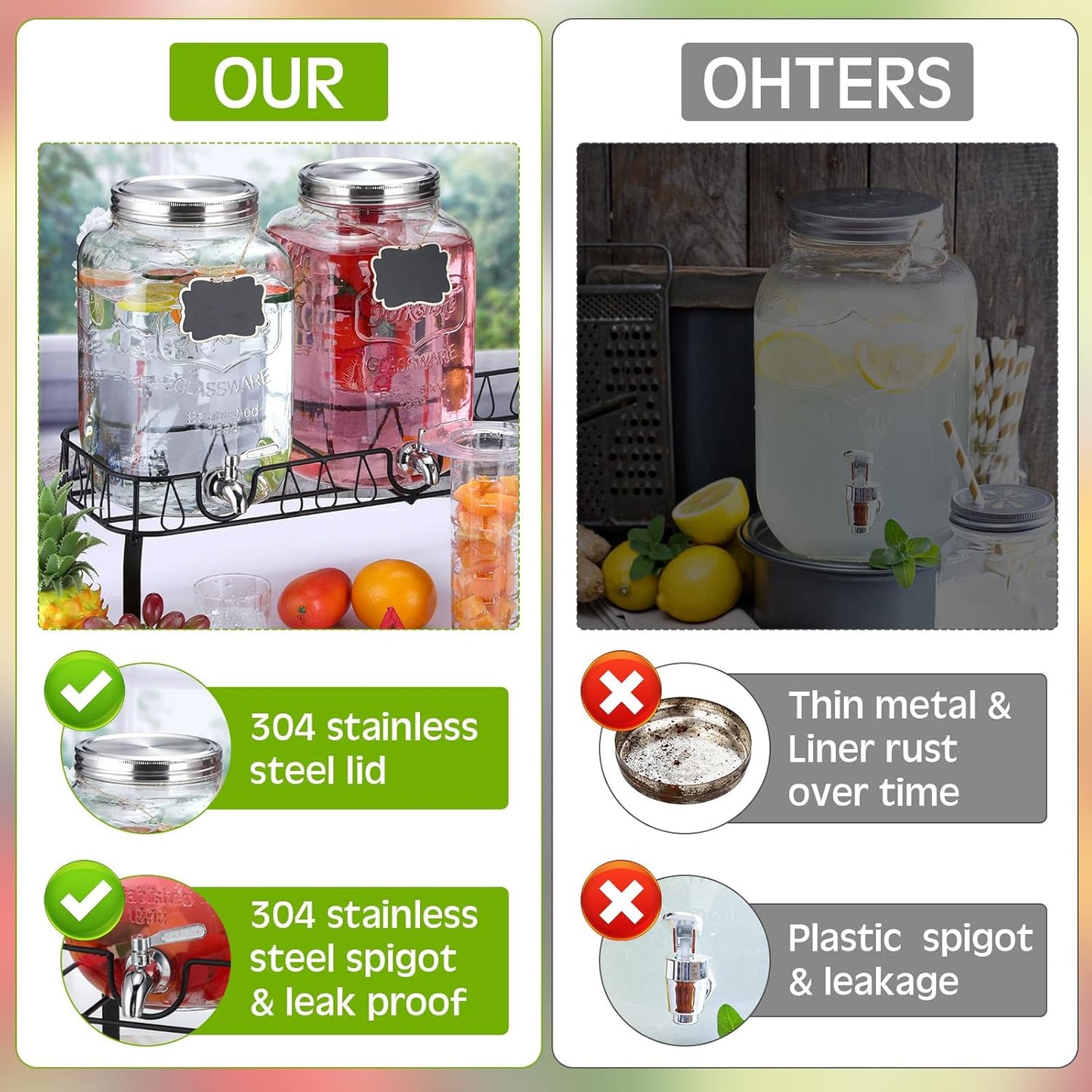 Lallisa 3 Pcs 2 Gallon Glass Drink Dispenser with Stand and Lid Mason Jar Beverage Dispenser with Stainless Steel Spigot, Hanging Chalkboard Signs, Fruit Infuse, Ice Cylinder, Liquid Pen (Black)