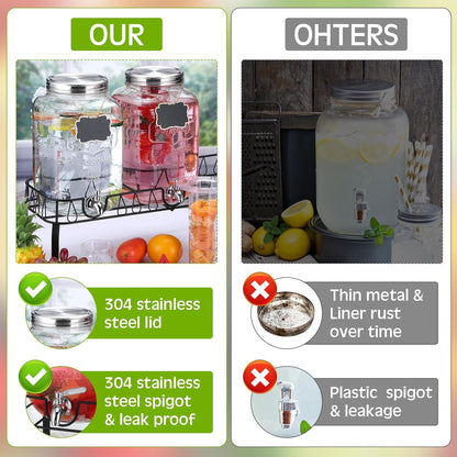 Lallisa 3 Pcs 2 Gallon Glass Drink Dispenser with Stand and Lid Mason Jar Beverage Dispenser with Stainless Steel Spigot, Hanging Chalkboard Signs, Fruit Infuse, Ice Cylinder, Liquid Pen (Black)