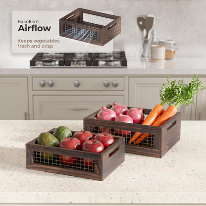 Set of 3 Wooden Nesting Countertop Baskets, Rustic Wood Storage Crates with Handles for Kitchen, Pantry, Bathroom, Fruit, Vegetables, Bread
