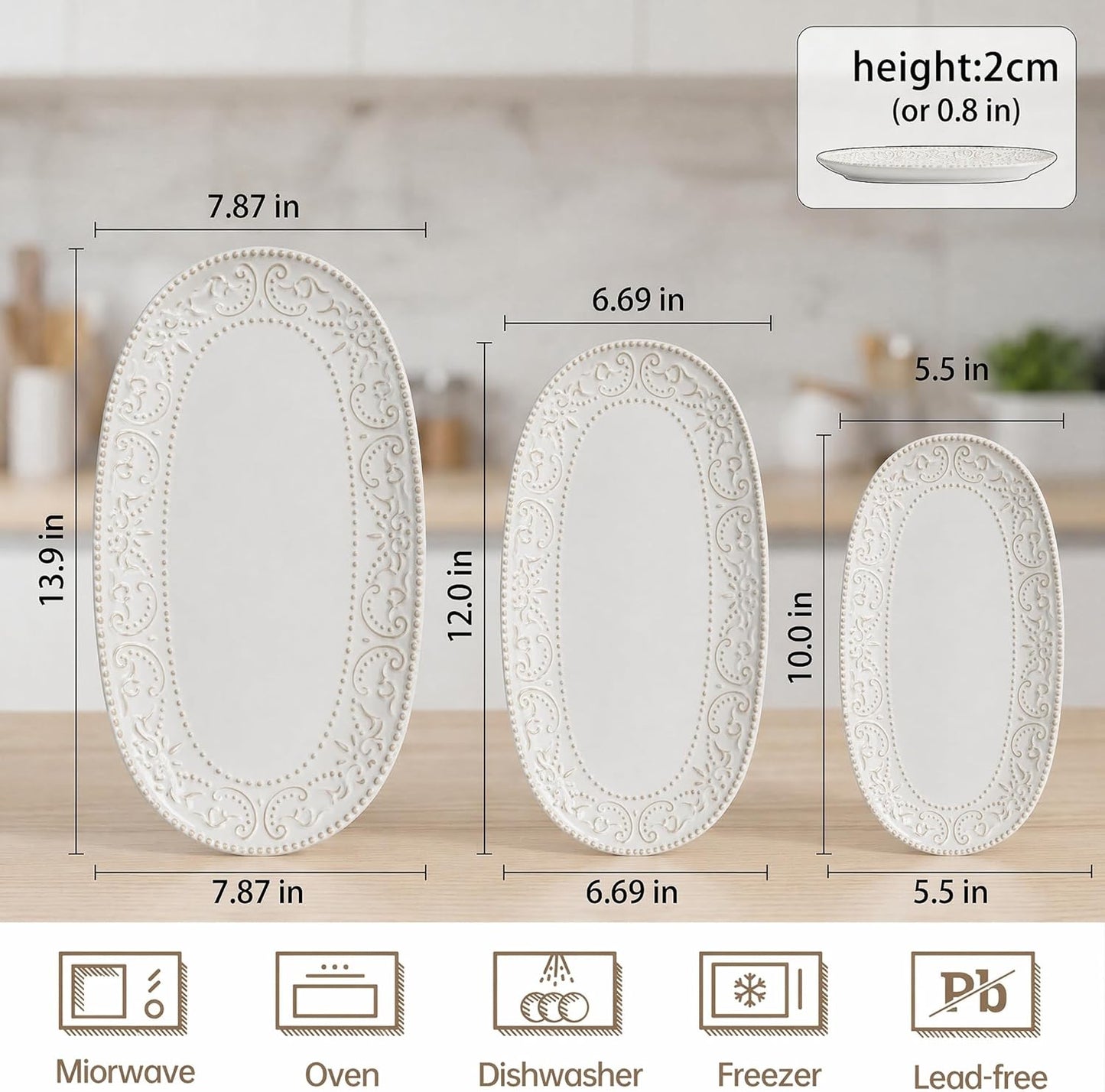 Oval Serving Platter, 14"/12"/10" Ceramic Serving Platters, Embossed White Serving Plates, Stackable Porcelain Tray for Appetizer, Dessert, Pasta, Sushi, Oven Dishwasher Safe, Set of 3, Family Dining