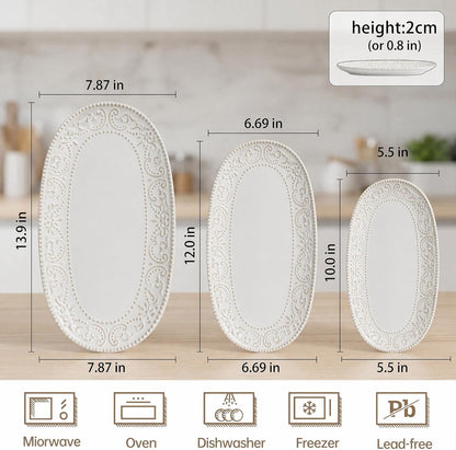 Oval Serving Platter, 14"/12"/10" Ceramic Serving Platters, Embossed White Serving Plates, Stackable Porcelain Tray for Appetizer, Dessert, Pasta, Sushi, Oven Dishwasher Safe, Set of 3, Family Dining