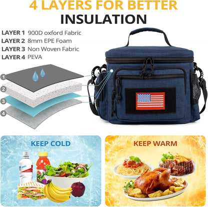 Lunch Box for Men, Tactical Lunch Bag MOLLE Webbing Leakproof Insulated Lunch Cooler Women Adult Meal with Adjustable Shoulder Strap Lunch Pail (Blue)