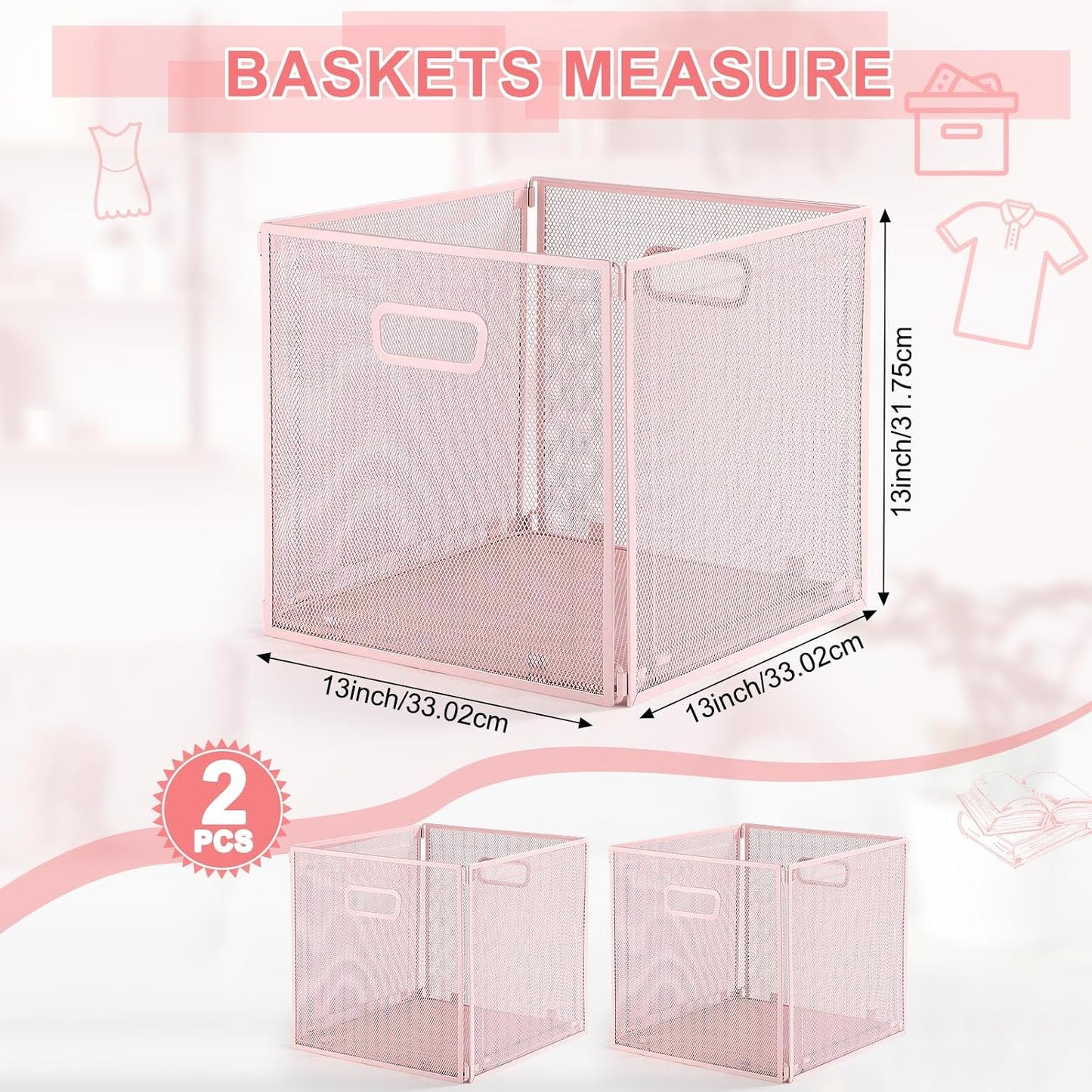 Funnymoom 2 Pcs Foldable Metal Wire Basket 13 x 13 Inch Black Cube Storage Bins Stackable Wire Laundry Baskets Organizer with Handle for Shelves Pantry Cabinet File Graduation Gift