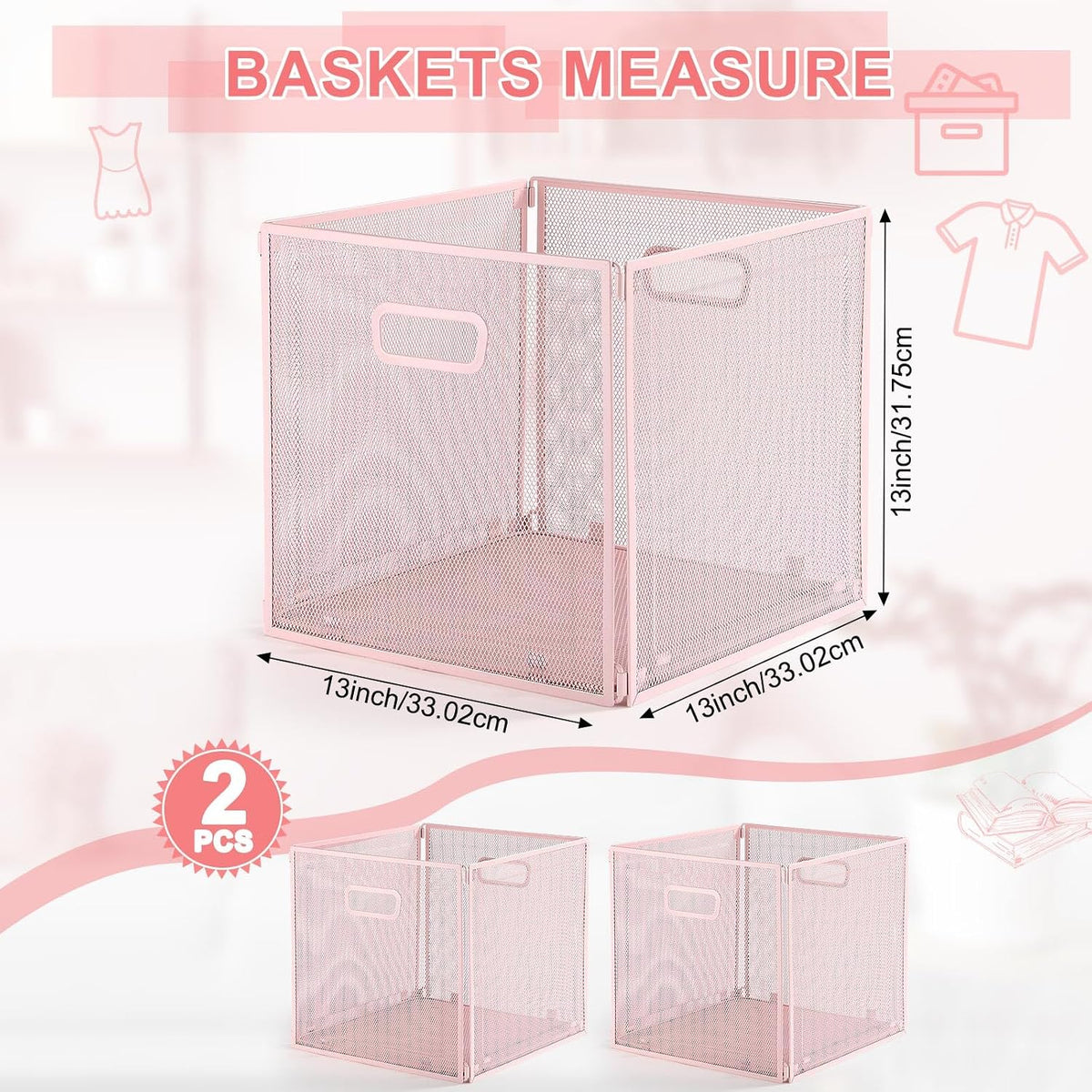 Funnymoom 2 Pcs Foldable Metal Wire Basket 13 x 13 Inch Black Cube Storage Bins Stackable Wire Laundry Baskets Organizer with Handle for Shelves Pantry Cabinet File Graduation Gift