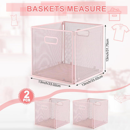Funnymoom 2 Pcs Foldable Metal Wire Basket 13 x 13 Inch Black Cube Storage Bins Stackable Wire Laundry Baskets Organizer with Handle for Shelves Pantry Cabinet File Graduation Gift
