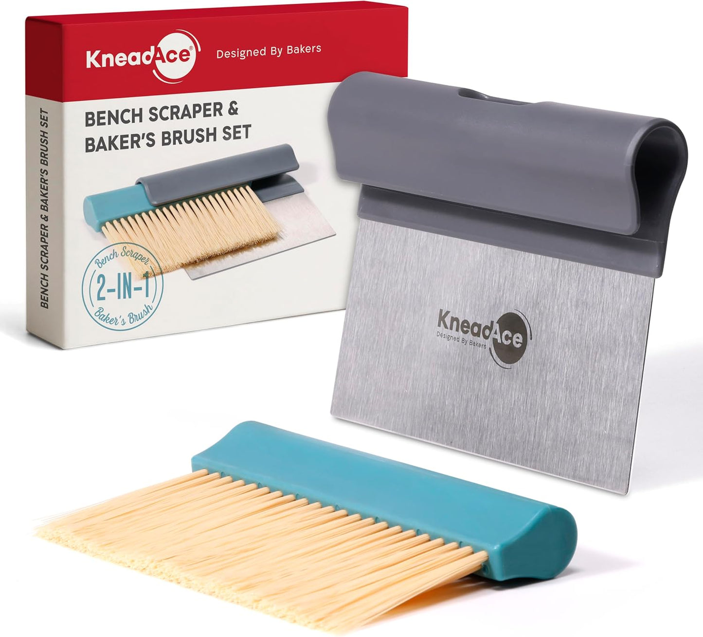 KneadAce Dough Scraper & Baker’s Brush Set. Stainless Steel Bench Scraper & Flour Cleaning Brush. Kitchen Tool for Pastry, Sourdough and Baking Prep Bread Dough Cutter, Gift For Bakers (White/Red)