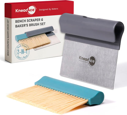 KneadAce Dough Scraper & Baker’s Brush Set. Stainless Steel Bench Scraper & Flour Cleaning Brush. Kitchen Tool for Pastry, Sourdough and Baking Prep Bread Dough Cutter, Gift For Bakers (White/Red)