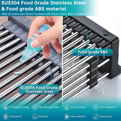 Dish Drying Rack, Over The Sink Dish Drying Rack, Stainless Steel Dish Drainer with Adjustable Arms Holder Functional Kitchen Sink Organizer for Vegetable and Fruit