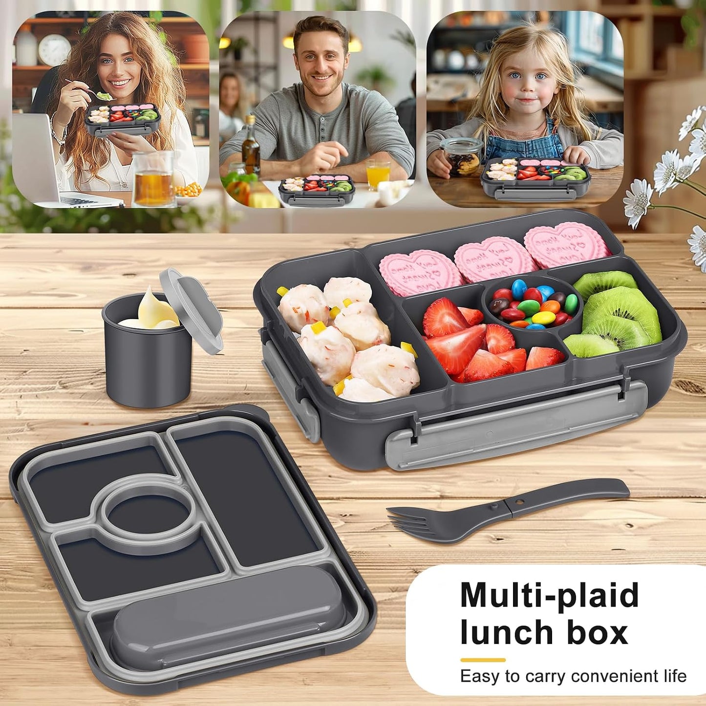 Amathley Bento Box Adult Lunch Box Kids,Lunch Containers for Adults/Kids/Toddler,5 Compartments Bento Lunch Box with Sauce Vontainers,Microwave & Dishwasher & Freezer Safe,BPA-Free (Blue)