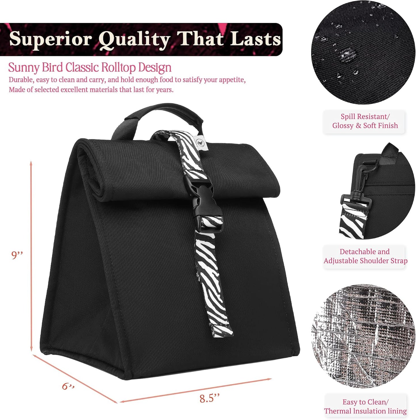 SUNNY BIRD Insulated Lunch Bag Pink Lunch Box Small Cooler Bag for Women, Girls, Adults and Teens (Pink)