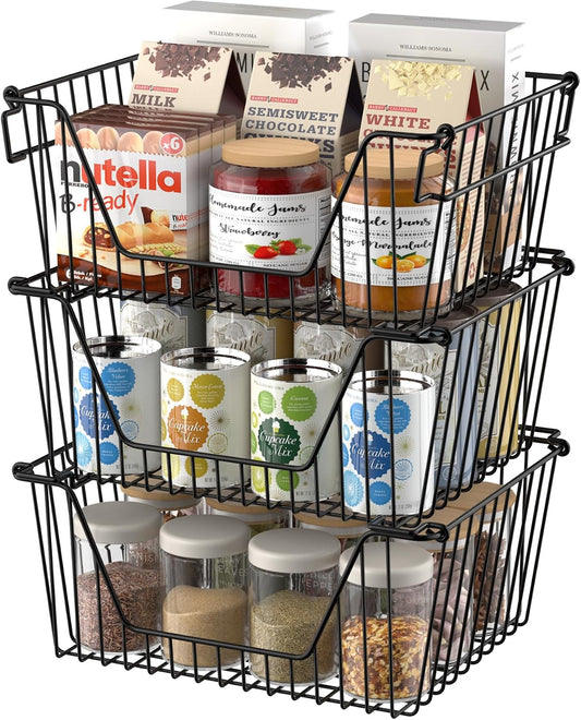 SANNO Black Stackable Wire Baskets Stacking Bins Stackable Basket for Vegetable Storage Pantry, Fridge, and Bathroom Organization,3pack
