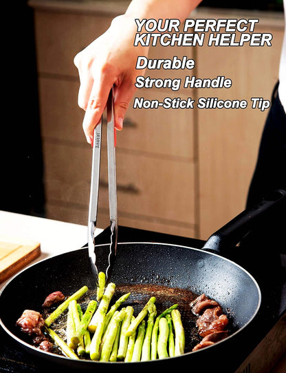 Anaeat Premium Kitchen Locking Tong Set of 3 - Heavy Duty Stainless Steel Food Tongs with Long Handle & Non-Slip Silicone Grip for Cooking, Baking, Grilling - Heat Resistant up to 480°F