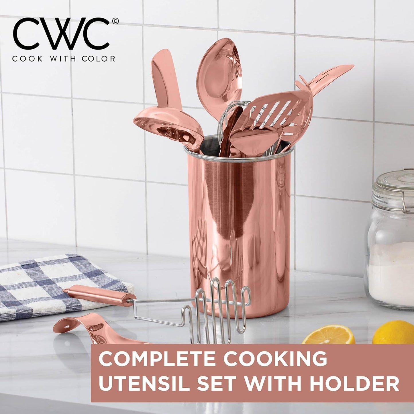 COOK WITH COLOR Kitchen Utensil Set - premium Nonstick & Heat Resistant Kitchen Gadgets, Turner, Spaghetti Server, Serving Spoons, Whisk, Tongs, Masher & Utensil Holder, 10-piece Stainless Steel