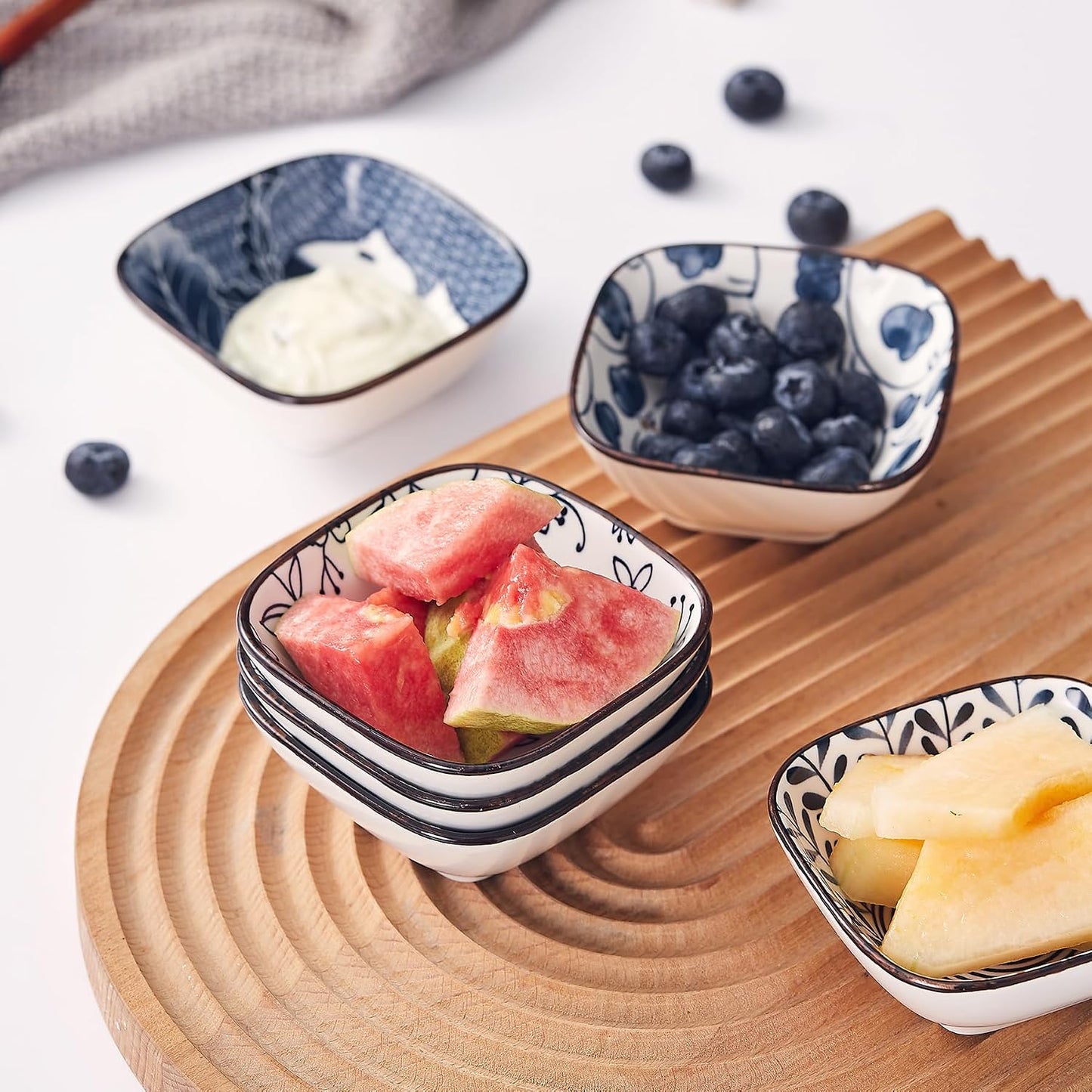 Japanese Style Ceramic Dipping Bowls,3'' Small Pinch Bowls Set Side Sauce Cups,Dishes for Sushi,Snack and Soy,BBQ,2.5 Oz Blue and White Mini Bowl for Kitchen Prep - Set of 6 (3 inch)