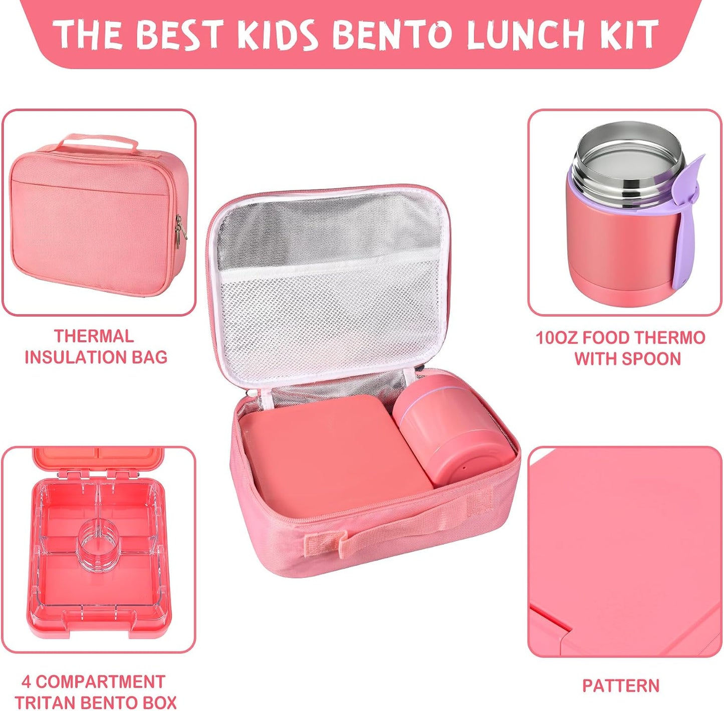 Pawtong Bento Lunch Box Set With 10oz Soup Thermo, Leak-proof Lunch Containers with 4 Compartment, Kids Hot Thermo Food Jar/Insulation Lunch Bag, Food Containers for School（Dinosaur）