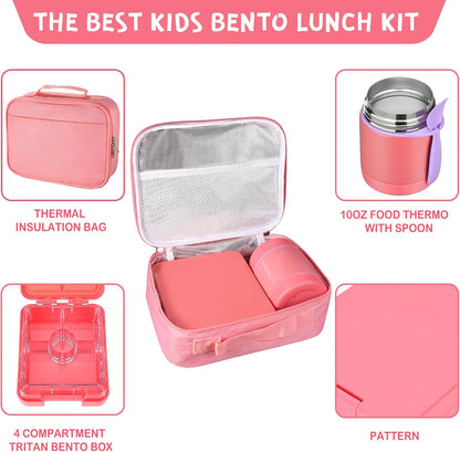 Pawtong Bento Lunch Box Set With 10oz Soup Thermo, Leak-proof Lunch Containers with 4 Compartment, Kids Hot Thermo Food Jar/Insulation Lunch Bag, Food Containers for School（Dinosaur）