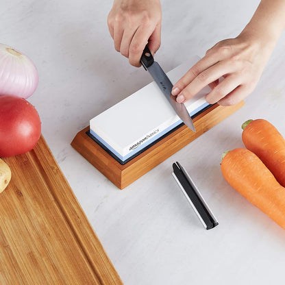 Amazon Basics Whetstone Knife Sharpening Stone, Double-Sided 1000/6000 Grit with Angle Guide, Non-Slip Bamboo Base, Black & Grey