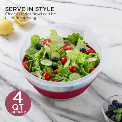 COOK WITH COLOR Collapsible Salad Spinner - 4 QT Space Saving Lettuce Dryer with Folding Collapsible Colander Great for Washing and Drying Fruit and Vegetables (Grey)