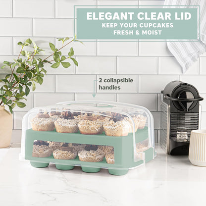 EXTRA TALL DOME 24 Cupcake Carrier, Green Cupcake Holder Carries 24 Cupcake Storage Container, Muffin Traveler Two Tier Stand Reusable Cupcake Box