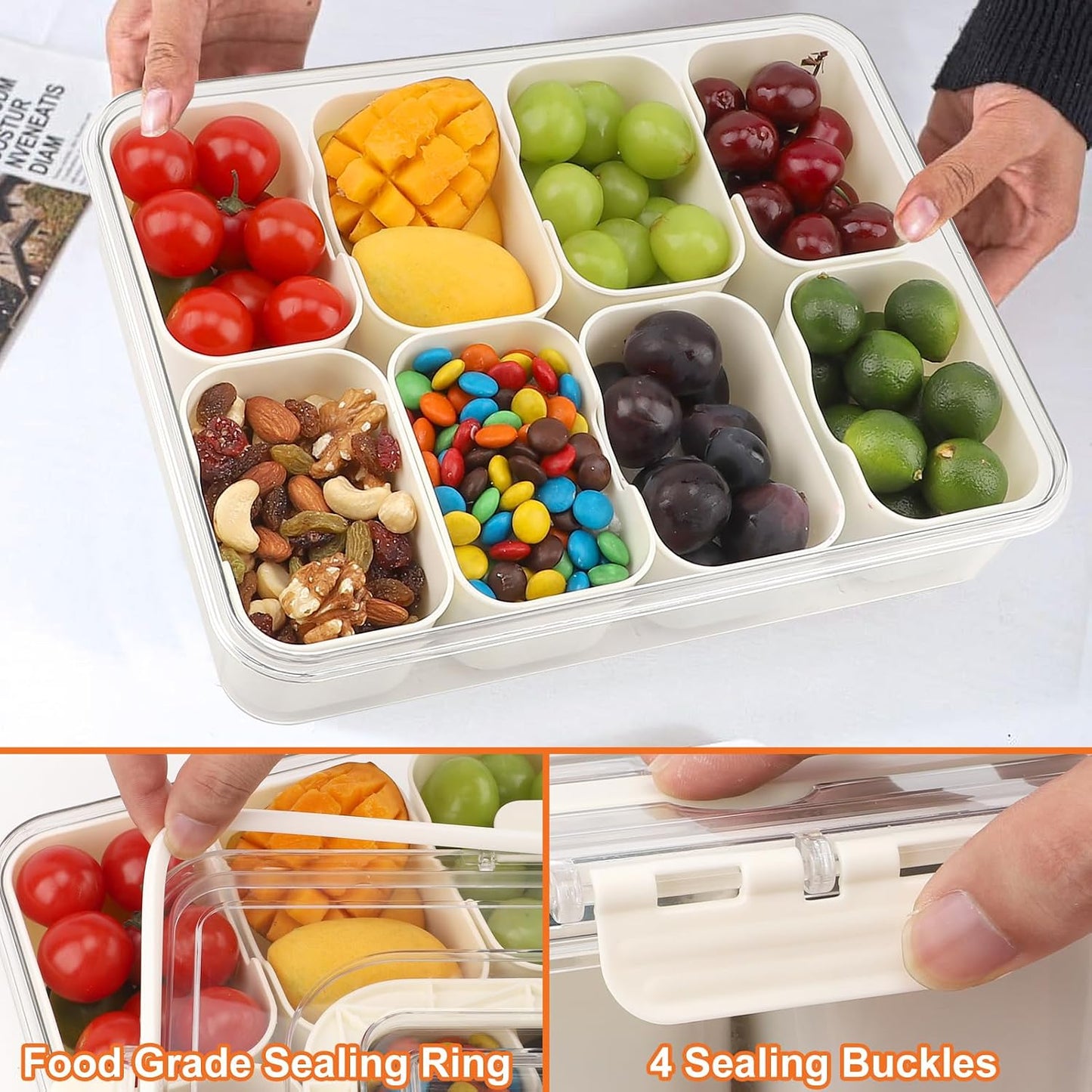 Divided Serving Tray with Lid and Handle, Portable Snackle Box with 8 Compartments & 8 Fruit Forks & 2 Spoons, Charcuterie Container for Party, Entertaining, Picnic, 1 Pack